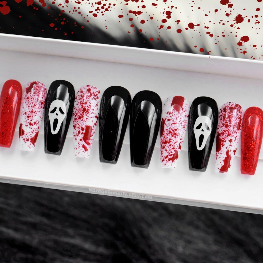 Scream Ghostface Halloween Glue on Nails set handmade Gel Nails Red and Black